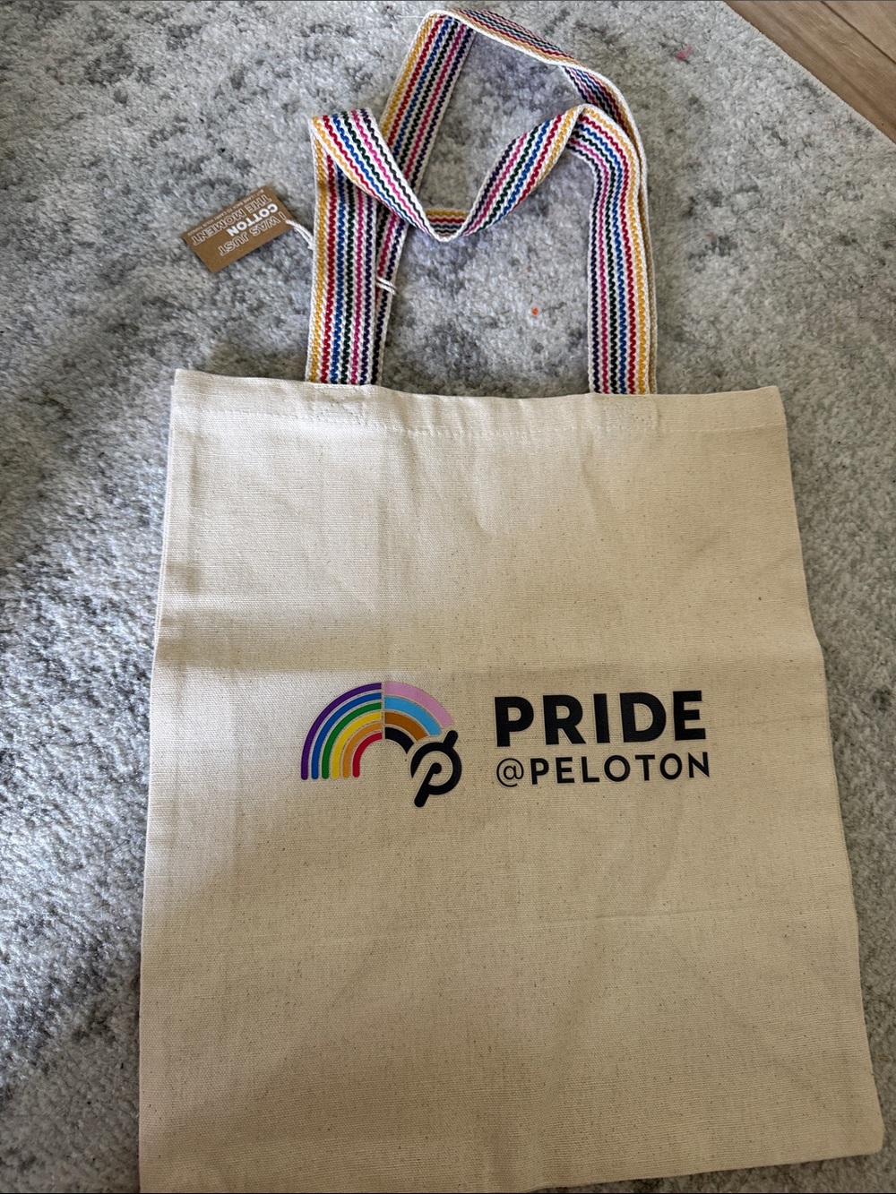 Peloton Natural Canvas Tote with Rainbow Straps